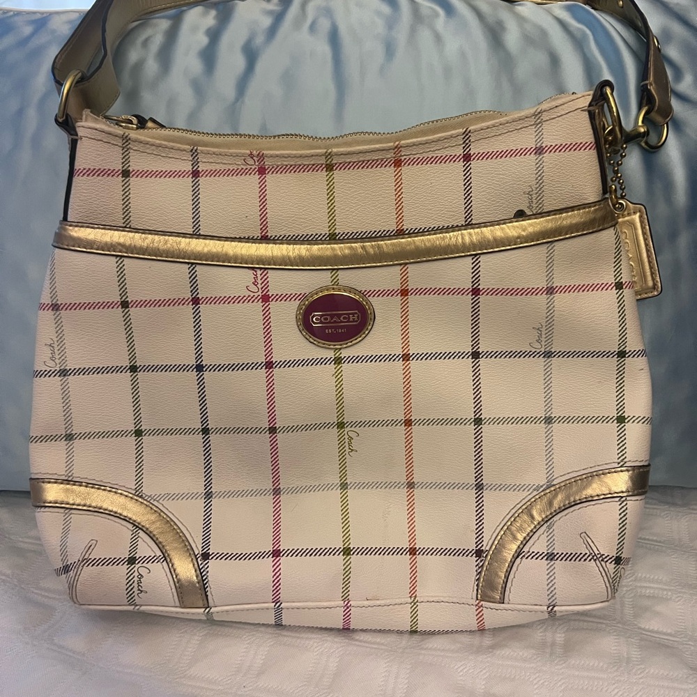Coach Plaid Handbag with Gold Accents